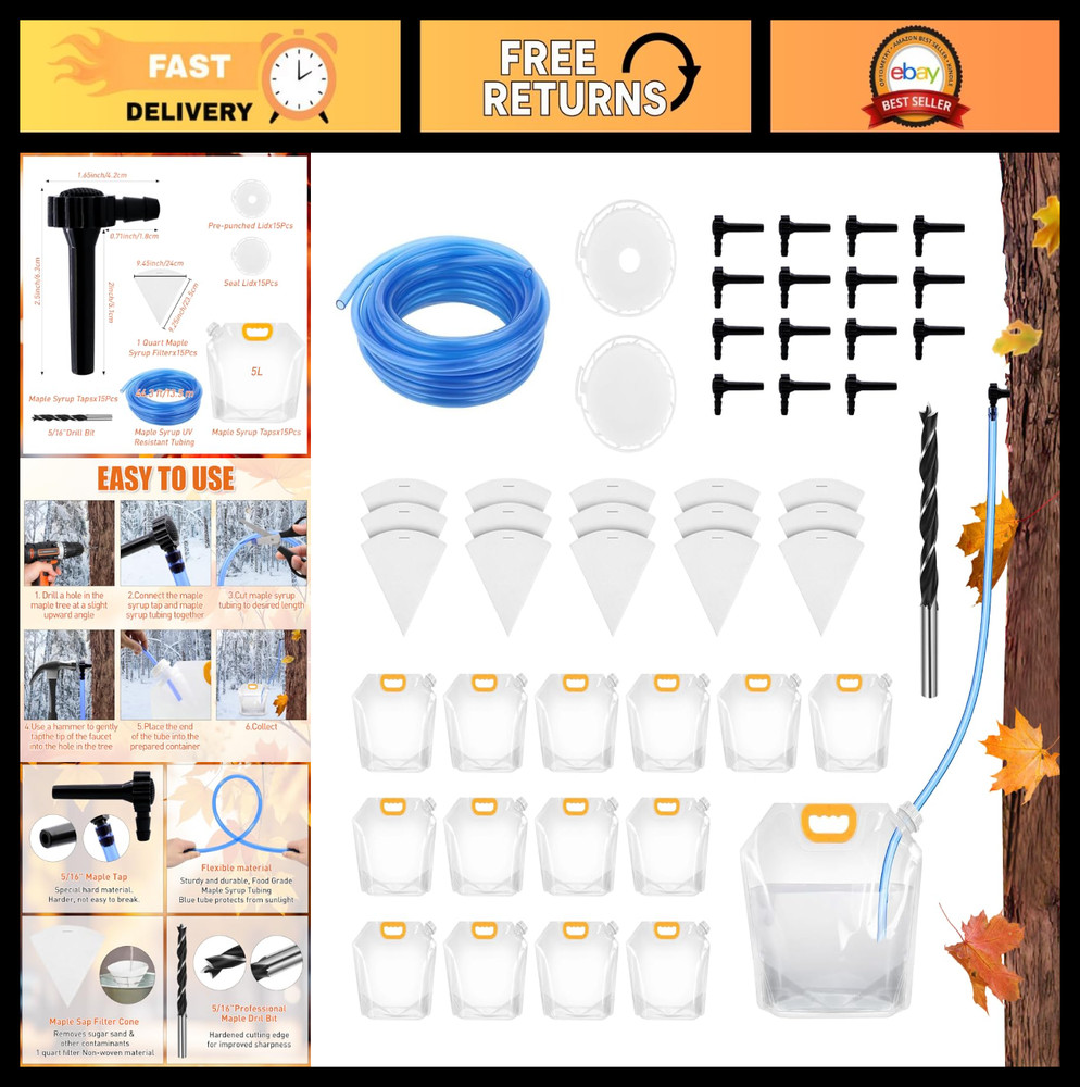 15 Maple Syrup Tapping Kits – 5/16″ Taps, 44.3Ft Tubing, Quart Filters & More