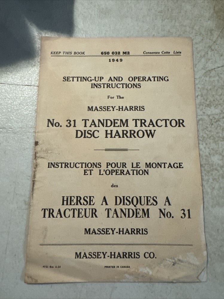 1950 Massey Harris No. 31 Tandem Tractor Disc Harrow Set Up/operate Instructions