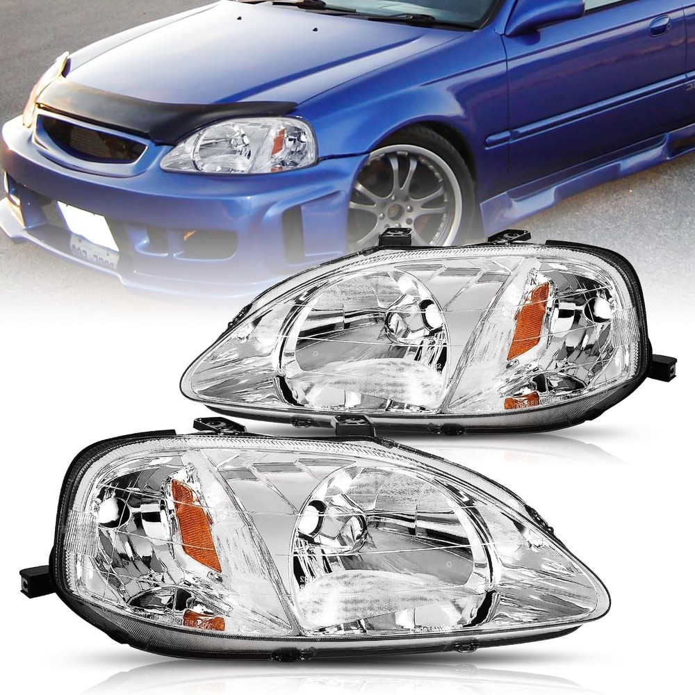 Headlight Pair 1999 2000 Honda Civic Halogen Chrome Housing Amber Reflector