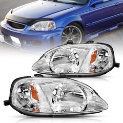 Headlight Pair 1999 2000 Honda Civic Halogen Chrome Housing Amber Reflector