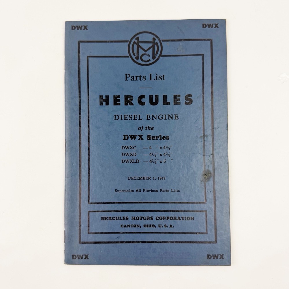 Hercules Diesel Engine Parts List Book DWX Series C D LD Vintage 1949