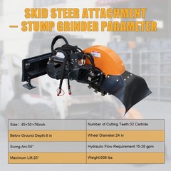 Wolverine Stump Grinder Powerful Skid Steer Swing Attachment 15-26 GPM High Flow