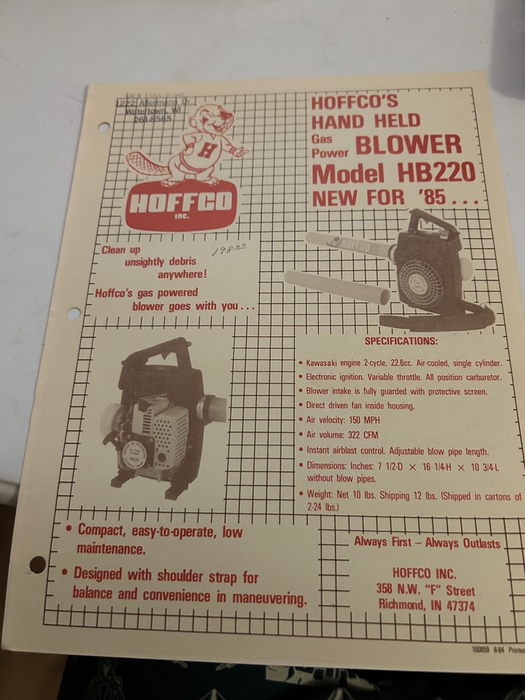 HOFFCO HANDHELD BLOWER MODEL HB220 1985 SALES BROCHURE 150 MPH KAWASAKI