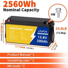 POERUNI 12V 200Ah LiFePO4 Lithium Battery 15000+ Deep Cycle BMS for Solar RV NEW