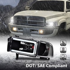 LED Strip Headlamps w/o Bulbs Clear Black Housing Dodge Ram 2500 3500 1994-2002