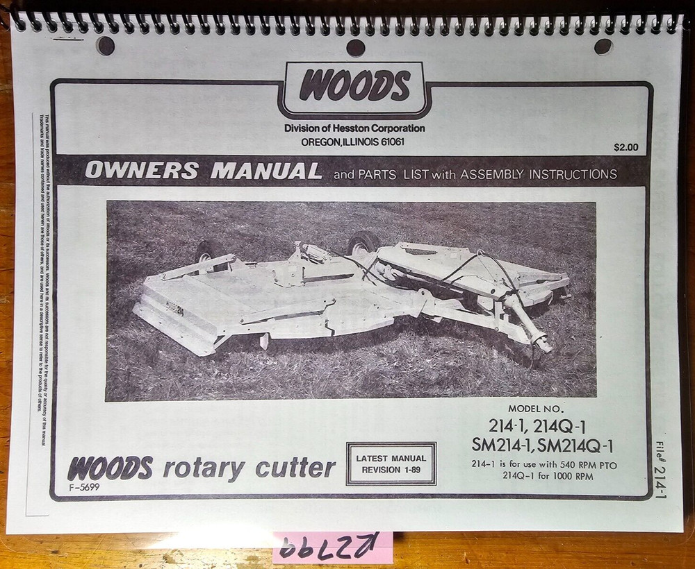Woods 214-1 214Q-1 SM214-1 SM214Q-1 Rotary Cutter Mower Operator & Parts Manual