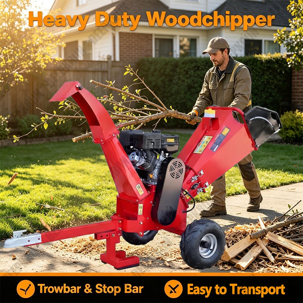 Towable Wood Chipper 5 Inch Capacity 420cc Gas Engine 16in Tires 2in Coupler