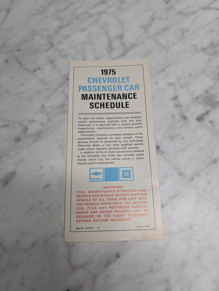 CHEVROLET 1975 PASSENGER CAR MAINTENANCE SCHEDULE GM PART NO 347199