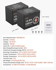 2 Pack 12V 100Ah LiFePO4 Battery, Up to 15000 Cycles, Deep Cycle Lithium Iron Ph
