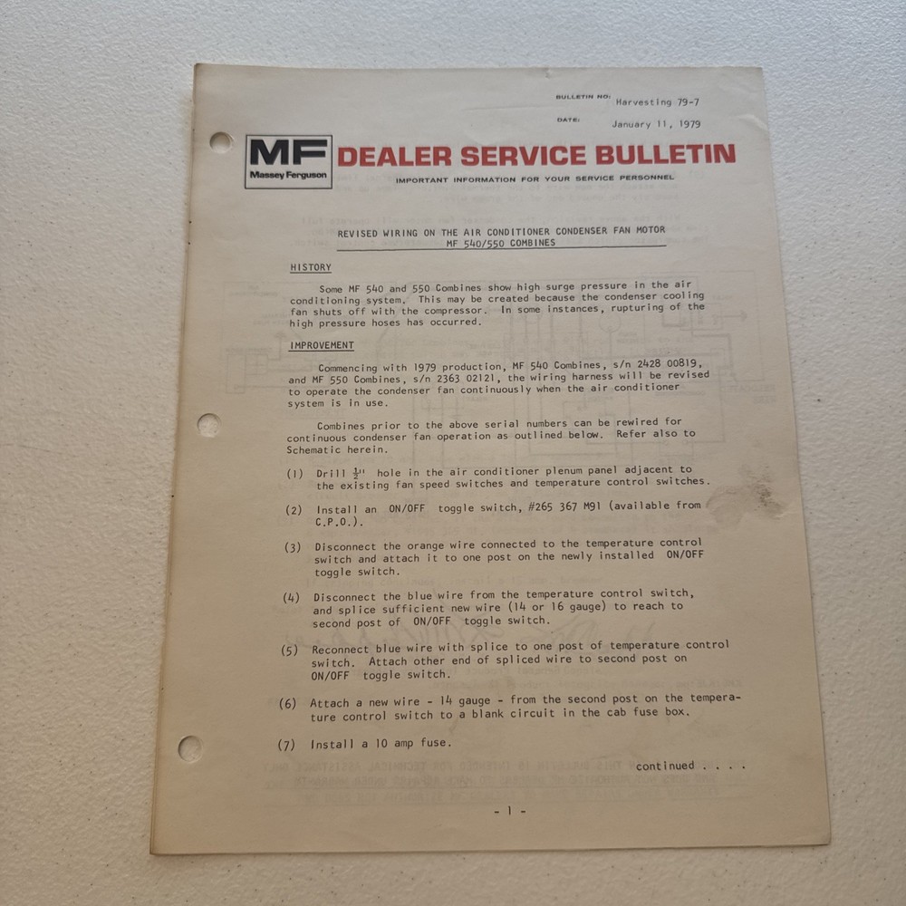 1979 Massey Ferguson MF 540/550 Combines Dealer Service Bulletin