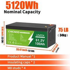 48V 100Ah LiFePO4 Lithium Battery 15000+ Deep Cycles Built-in BMS For Golf Carts