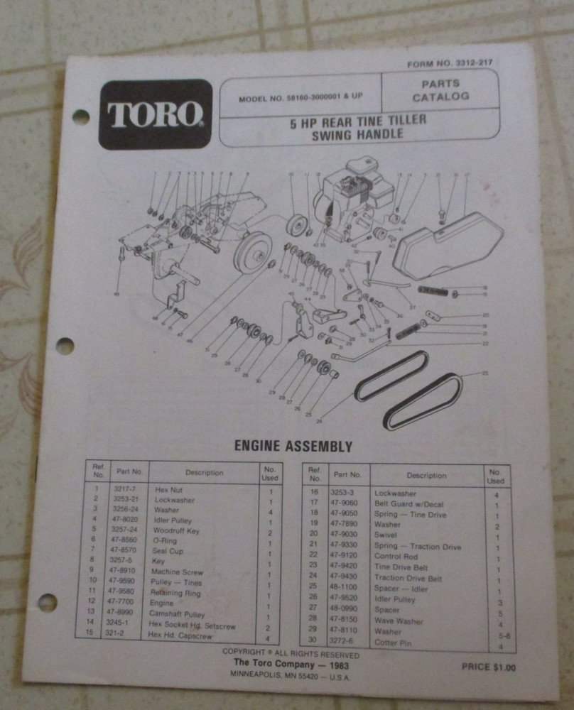 Toro 5 hp rear tine tiller 58160 Parts Catalog Manual