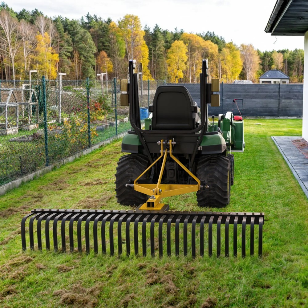 60in 3-Point Hitch Cat 1 Landscape Rake, 360° Rotatable Tow-Behind Tractor Rake
