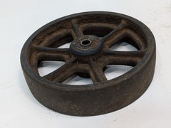 Lot of four antique cast-iron industrial pull cart caster wheels with 6 spokes