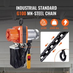 Electric Chain Hoist, 2200 lbs/1 ton Capacity, 10 ft Lifting Height, 10 ft/min S