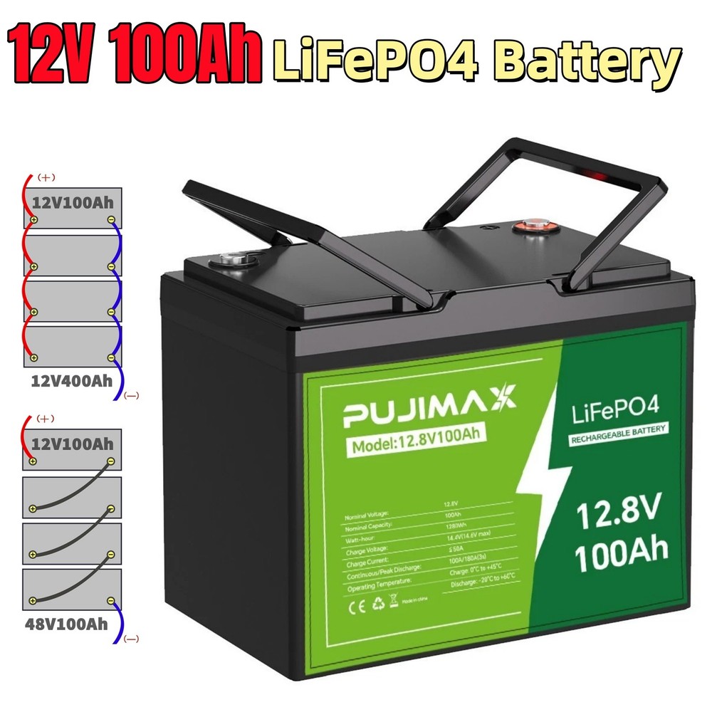 PUJIMAX 12V 100Ah LiFePO4 Lithium Battery Deep Cycle BMS 100Ah Marine Off-grid