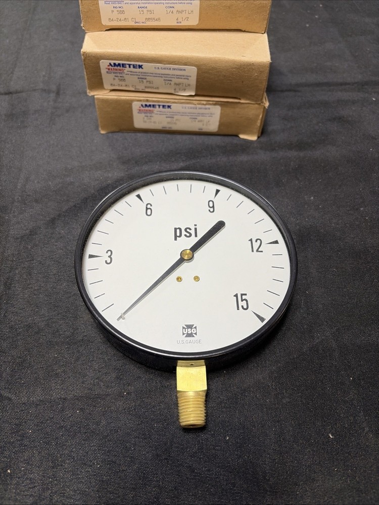 Ametek Gauge 4.5” Dial 0-15 Psi P500 1/4” ANPT LM