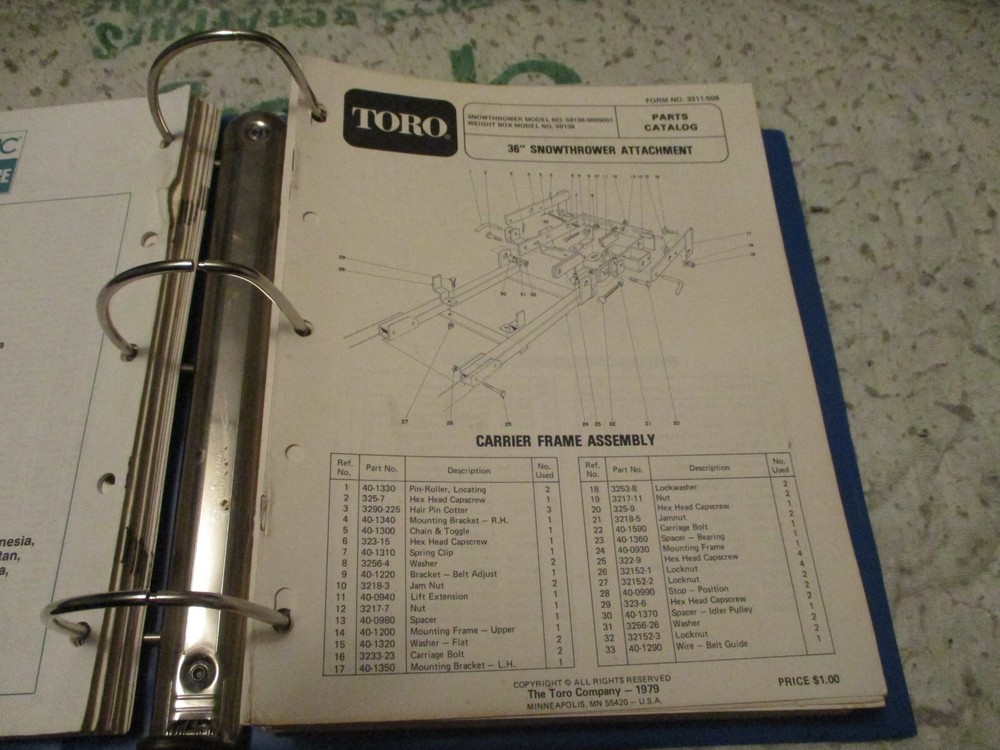 Toro 36 inch snow thrower attachment 59136 Parts Catalog Manual