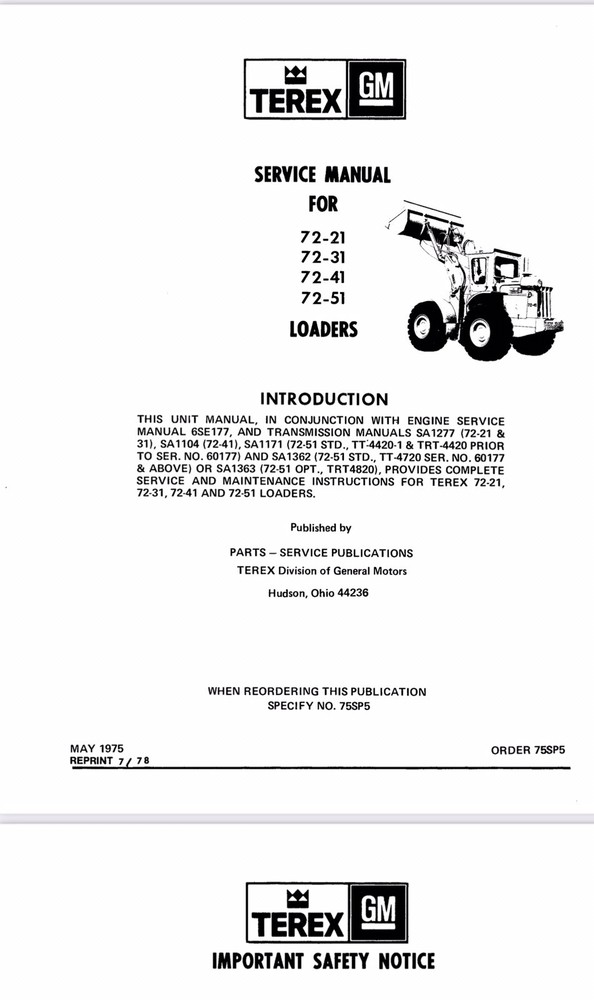 Terex 72-21,72-31,72-41,72-51 Loader service manual PDF Link Only