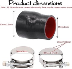 2 to 2-1/2 inches Black Silicone Reducer Coupler with 2 T-Bolt Clamps ID2″-2.5″