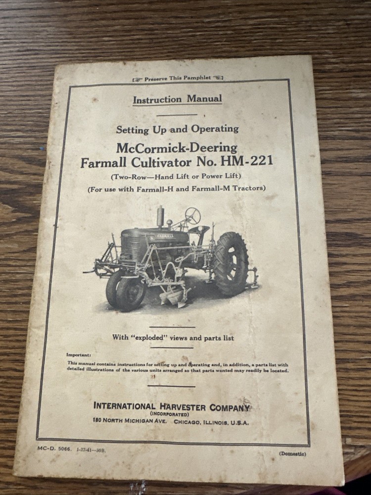 1941 McCormick Deering~Instruction Manual~Farmall Cultivator HM-221. #-4