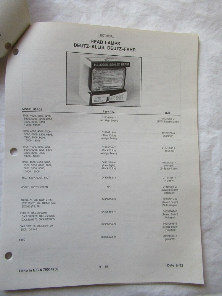 1992 Deutz Allis Chalmers Tractor Electrical Equipment Head Lamps Catalog Manual