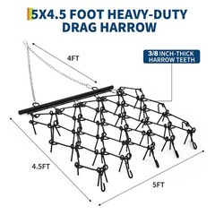 Heavy Duty 5 x 4.5 FT Drag Harrow with 3/8″ Tines for ATV UTVs & Lawn Tractors