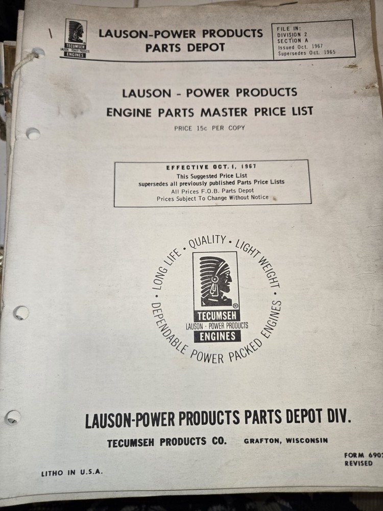 1967 Tecumseh ENGINE PARTS MASTER PRICE LIST LAUSON POWER PRODUCTS PARTS DEPOT