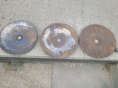 3 Vintage Disc Blades 16″ inch, Hole 1-1/2″ Steampunk Industrial Farm Implement