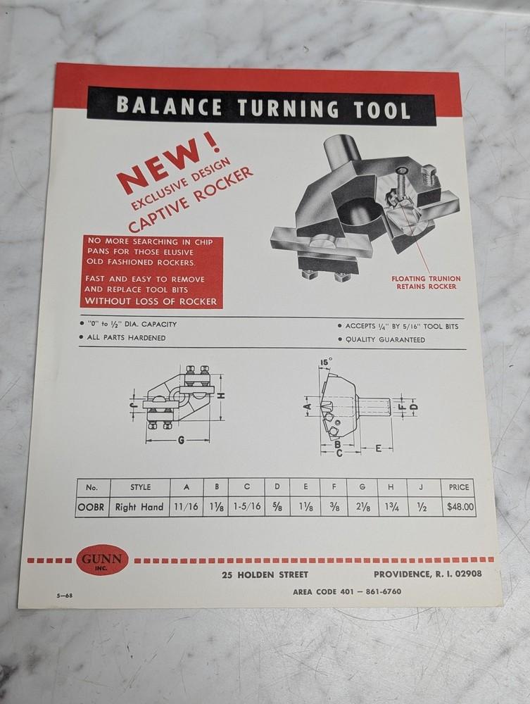 GUNN BALANCE TURNING TOOL OOBR RIGHT HAND SALES BROCHURE LITERATURE