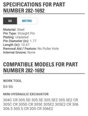 282-1692 Pin, Heavy Equipment Pin. 2821692, VCK2733