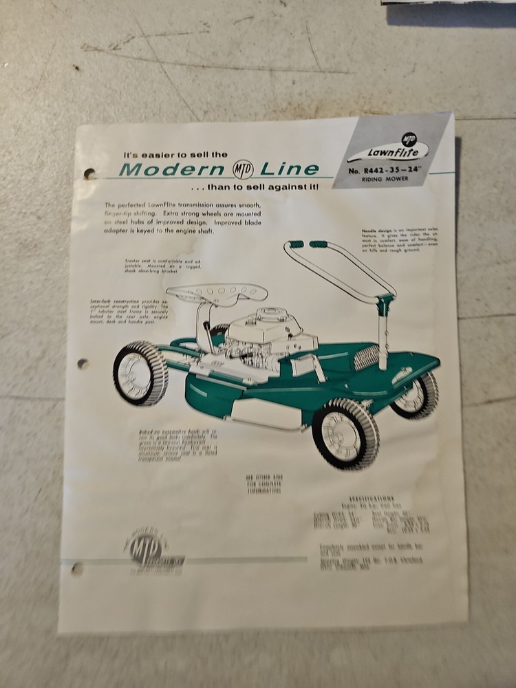 Vintage MTD Modern Line R442-35 24″ Riding Mower Spec Sheet Brochure