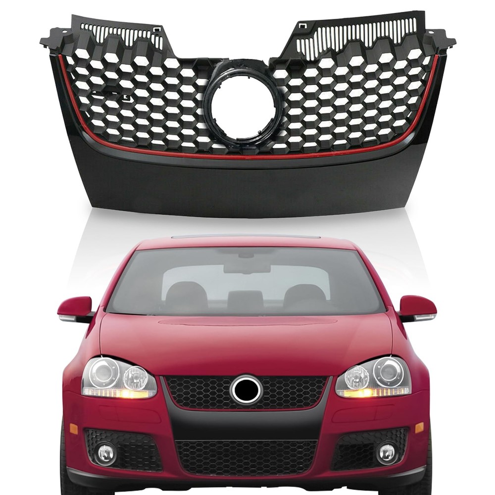 Front Upper Matte Black W/Red Trim Mesh Grille For 2006-2009 VW GTI Jetta Mk5