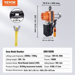 Electric Chain Hoist, 2200 lbs/1 ton Capacity, 10 ft Lifting Height, 10 ft/min S