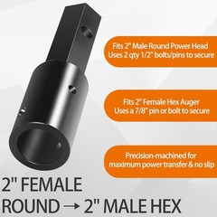 Heavy Duty Auger Adapter Conversion 2 inch female Round to 2″ Male Hex