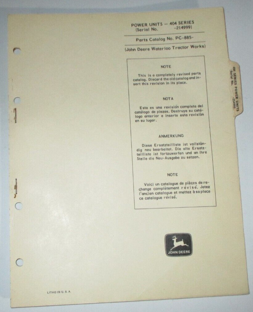 John Deere 404 Series Power Unit Engine Parts Catalog 10/67 (up to s/n 214999)