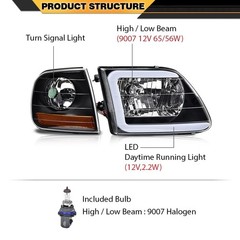 LED DRL Lightning Style Headlights Corner Lights for F150 Expedition 1997-2002