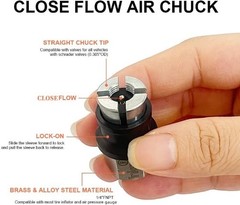 Air Chuck for Schrader Valve, Heavy Duty Brass Close Flow Straight Locking Air C