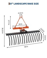 50” Landscape Rake 3 Point Hitch Tractor Rake Category-0 Cat-1 Tractor Steel