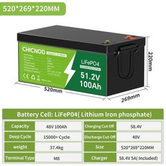 Bluetooth LiFePO4 51.2V 100Ah Lithium Battery with BMS 5120Wh + 48V 20A Charger