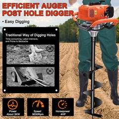72CC Gas Powered Earth Auger with 3 Bits (4″, 6″, 8″) & 3 Extension Rods