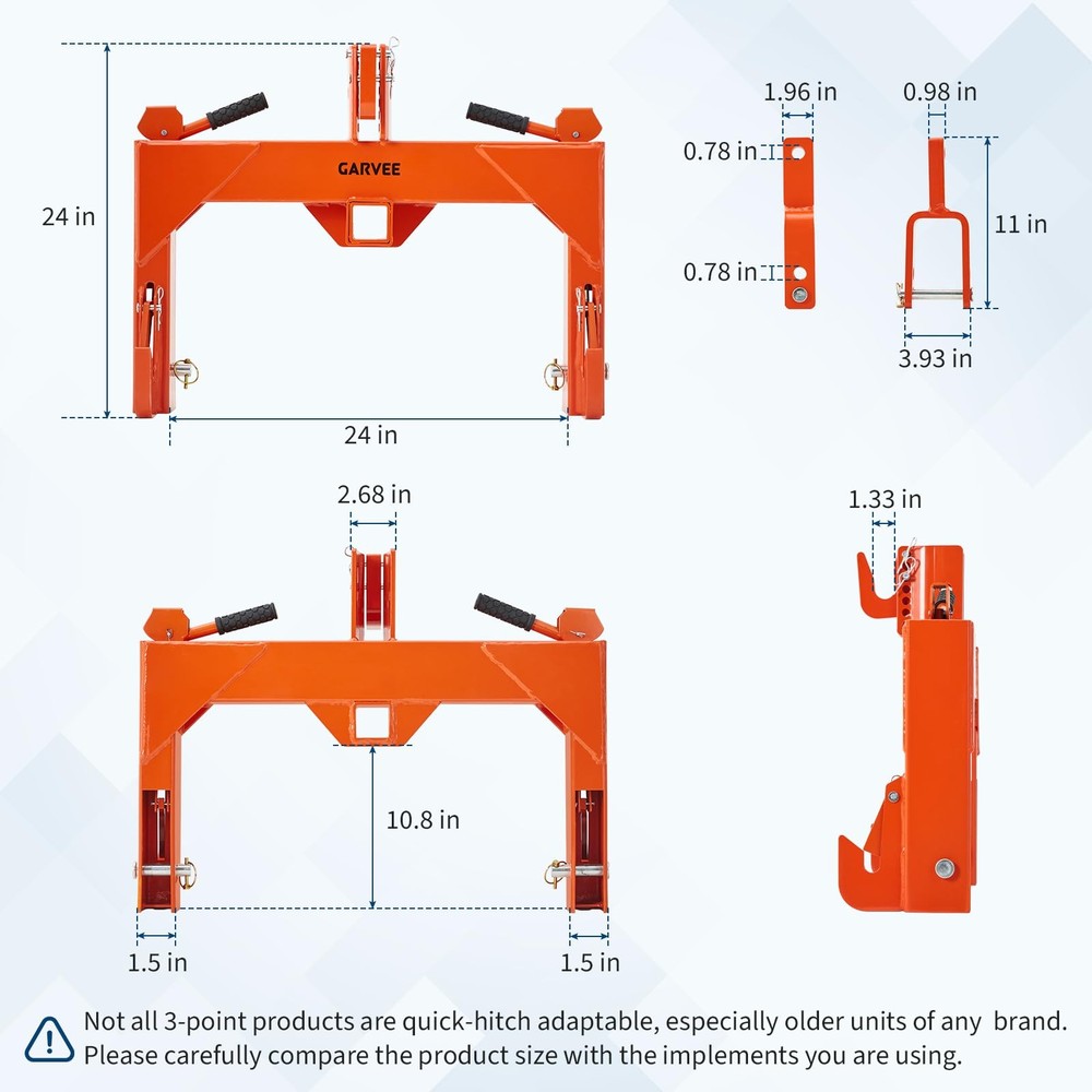 For CAT 1 Tractor: 3000lbs 3 Point Quick Hitch w/ 2″ Receiver Farm-Ready