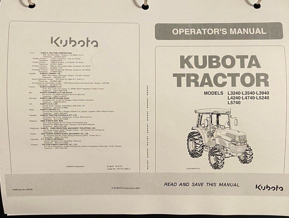 Kubota L3240 L3540 L3940 L4240 L4740 L5040 L5240 L5740 Owners Manual FREE BINDER