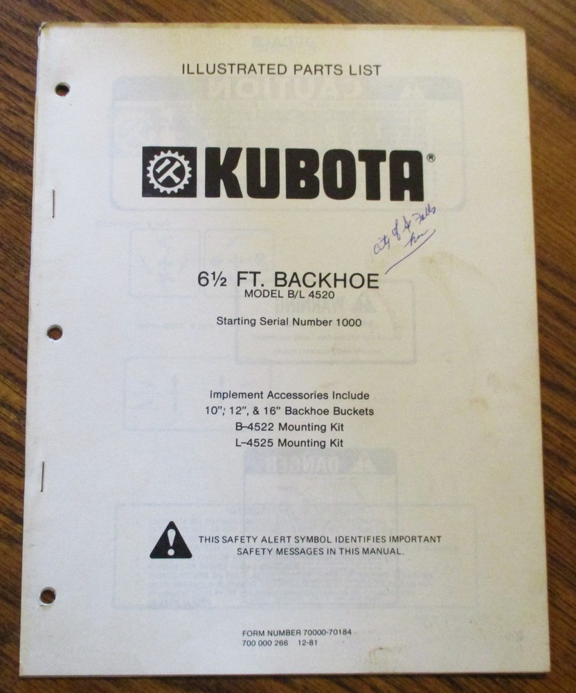 Kubota B/L 4250 Backhoe s/n 1000- Parts Manual for Kubota B & L Series Tractors