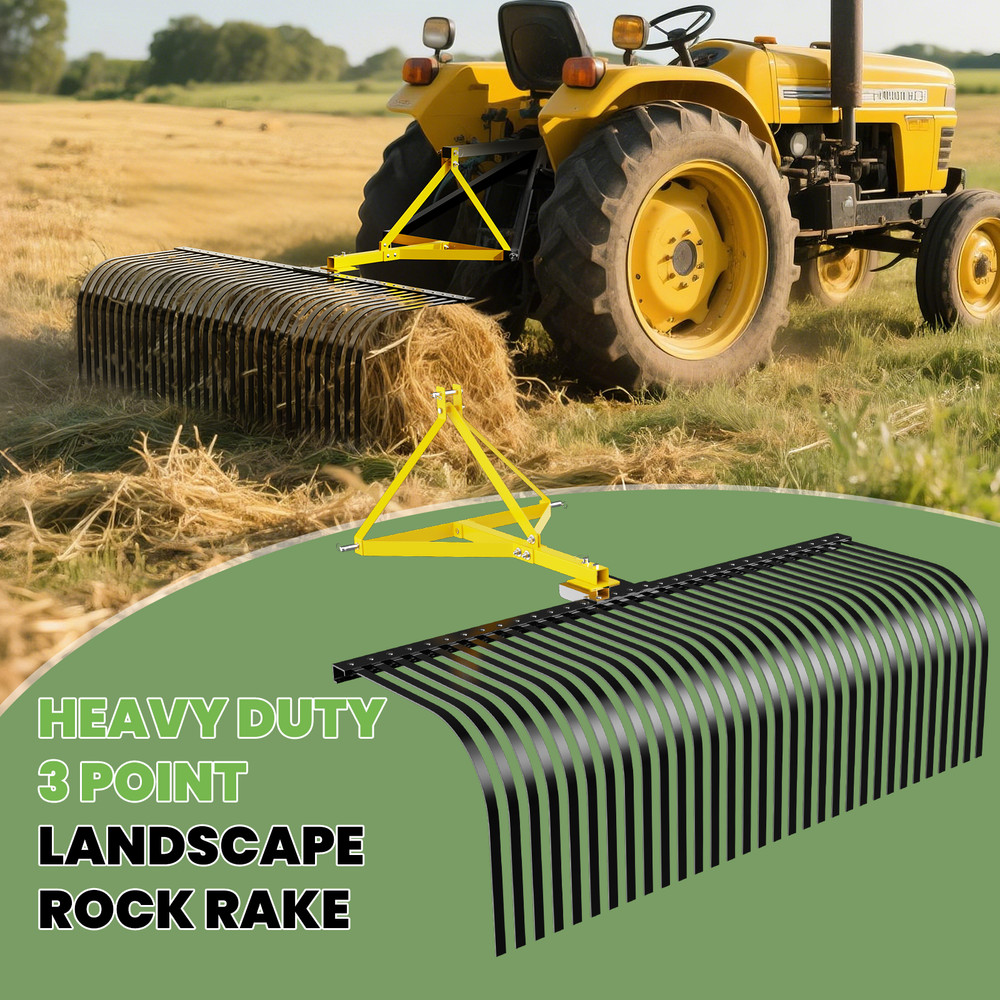 60″ 3 Point Landscape Rock Rake For Category 1 Tractor Rotate 360°