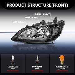 Headlight Set for 2004-2005 Civic Sedan Coupe Halogen Black Clear Left Right
