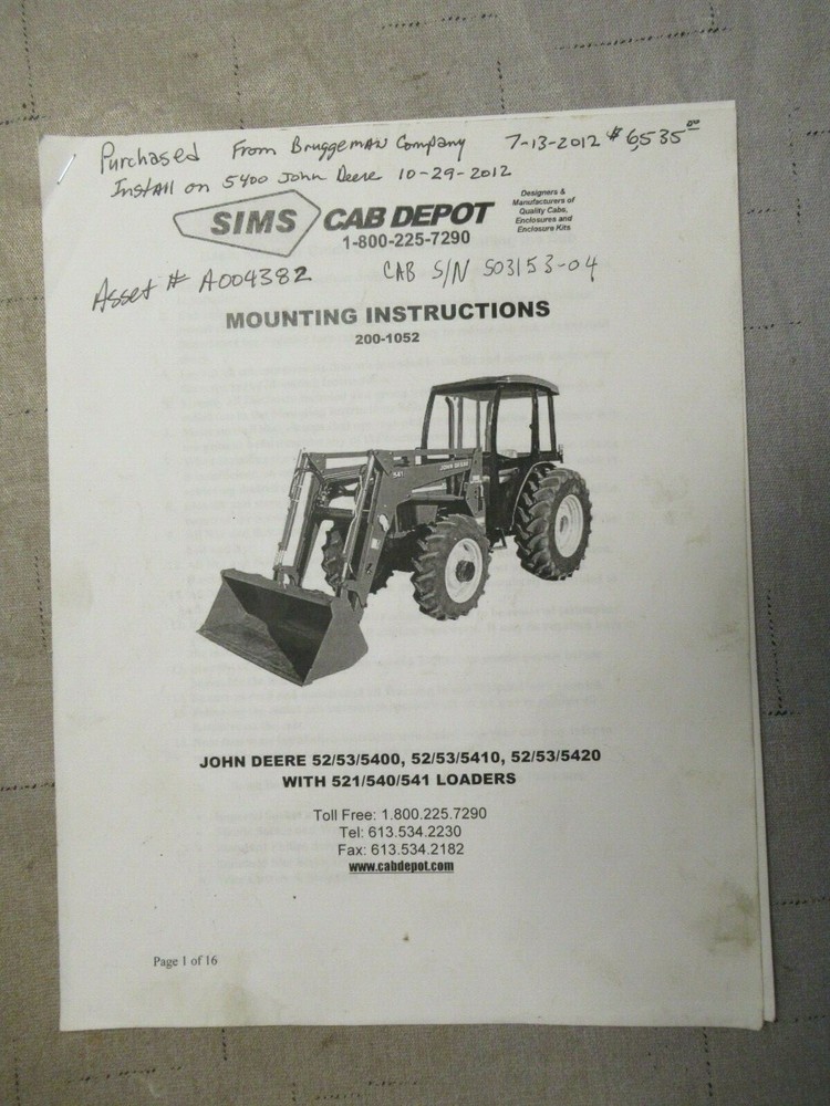 Sims Cab Depot Mounting Instructions for John Deere