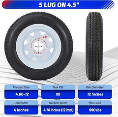 4.80-12 Trailer Tires with 12 inch Rims, 2 Pack 4.80 12 Tires 5 Lug on 4.5 inch