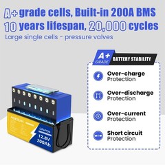 12V 200Ah LiFePO4 Lithium Battery for Solar Back Up System Marine Build in BMS