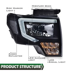 LED DRL Headlight 09-14 Ford F150 Smoke Lens Black Housing Pair DL3Z13008EC